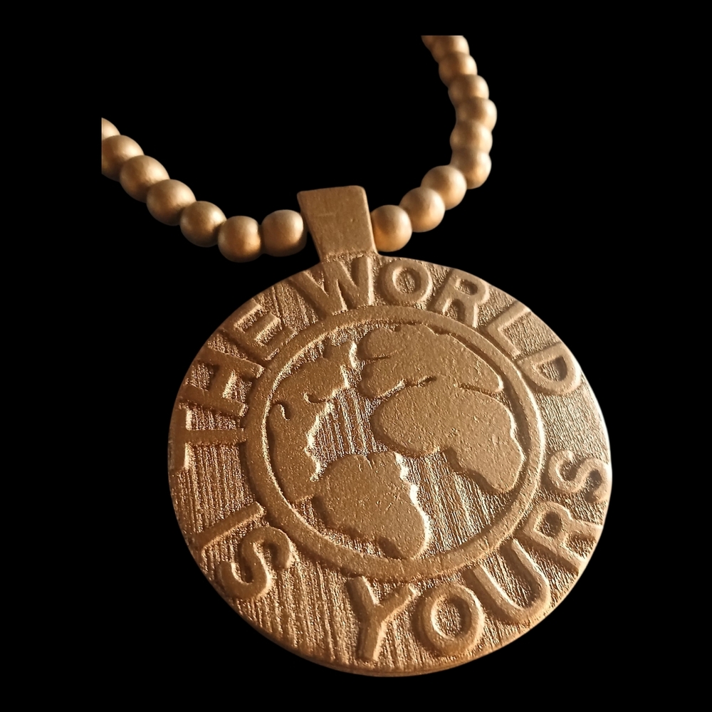 Mens Chunky Wood vintage Nas the world is yours Pendant Necklace